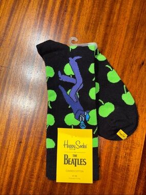 Happy Socks Black Socks with Bright Green Apple & Blue The Beatles Motif